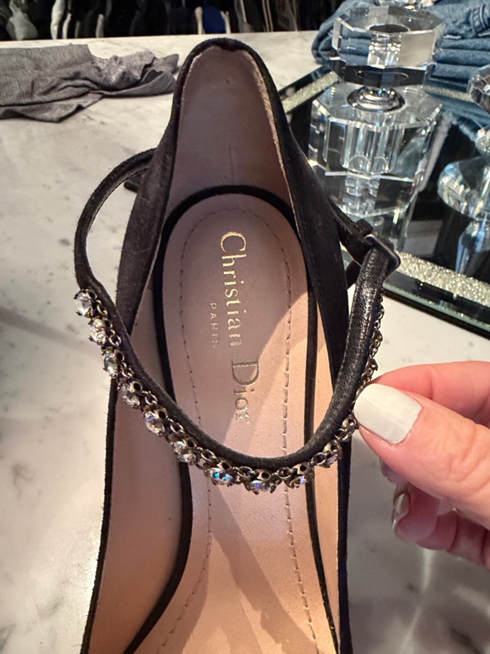 Dior Black Suede Pointed Pump with Crystal Ankle Strap - Picture 2 of 4